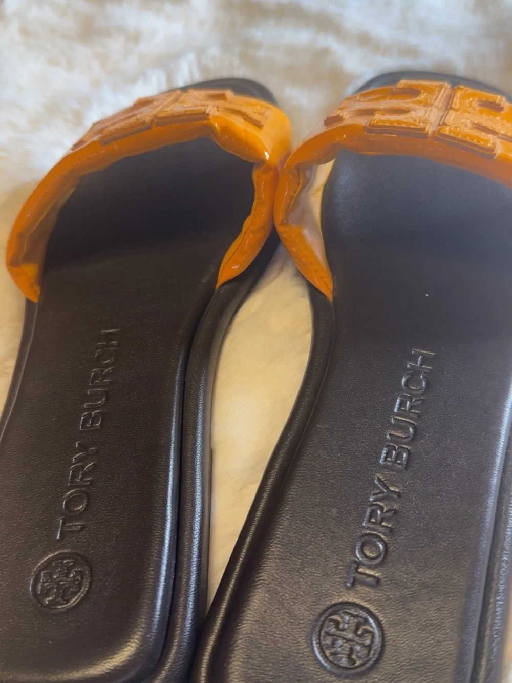 Tory Burch Orange Patent Logo Slide Sandals